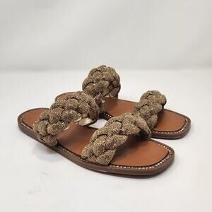 Steve Madden Newbie Gold Sparkly Braided Rhinestone Sandals Women Size 7.5 Flats